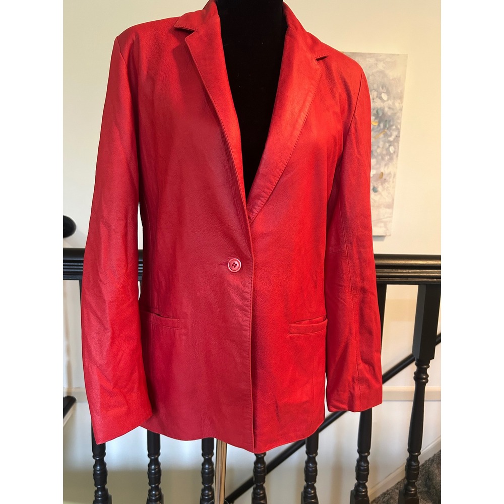 Remy USA Red Leather Blazer Jacket Single Button Iridescent Lining Womens Small